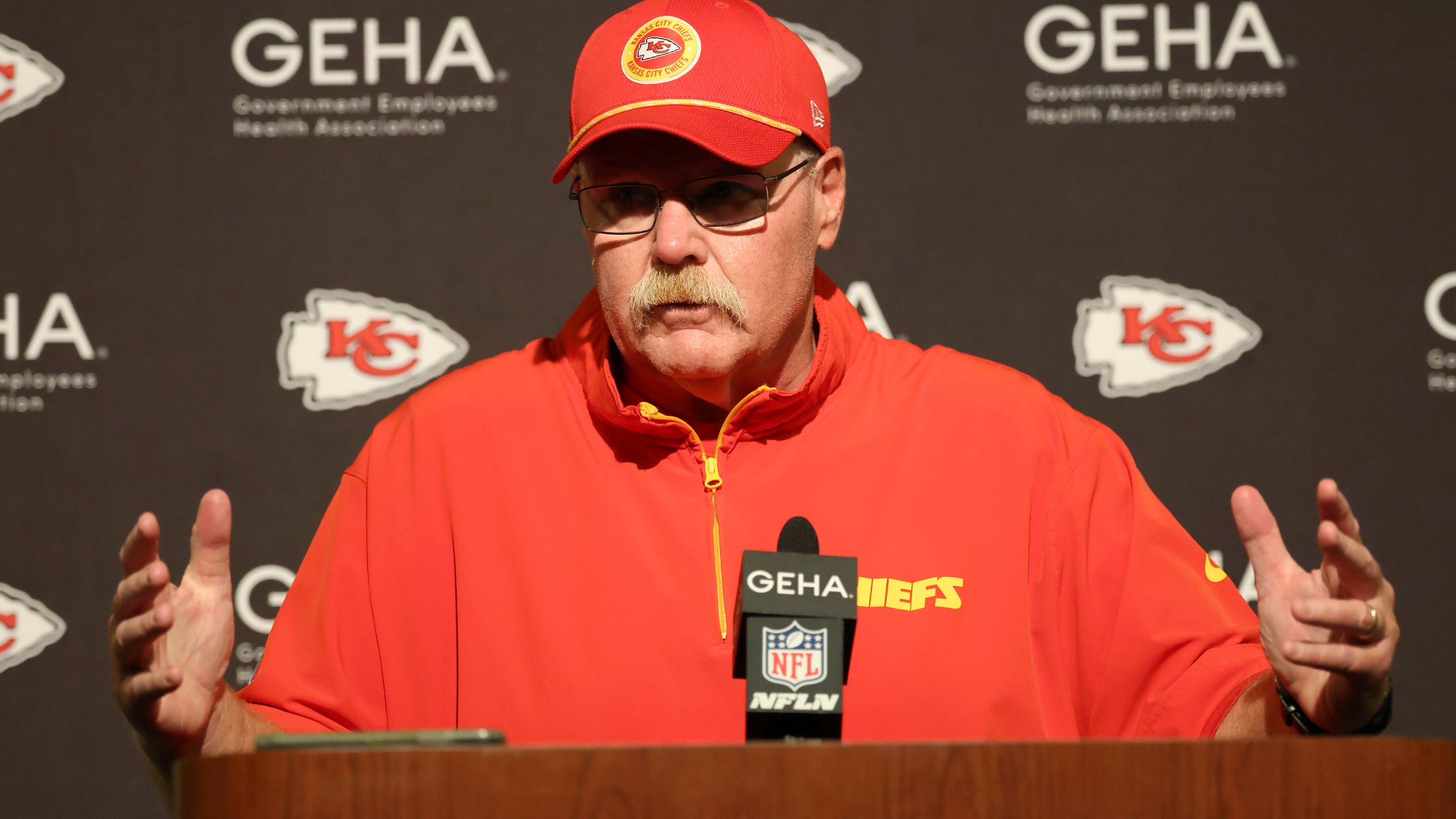 Kansas City Chiefs head coach Andy Reid speaks at a news conference after an NFL football game against the San Francisco 49ers in Santa Clara, Calif., Sunday, Oct. 20, 2024. (AP Photo/Jed Jacobsohn)