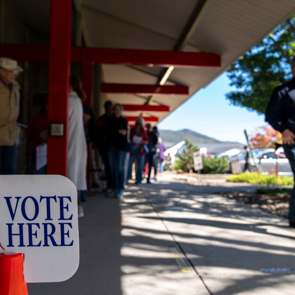 People wait in line at the polling place at Black Mountain Library during the first day of early in-person voting, on Oct. 17, 2024, in Black Mountain, N.C. (AP Photo/Stephanie Scarbrough)