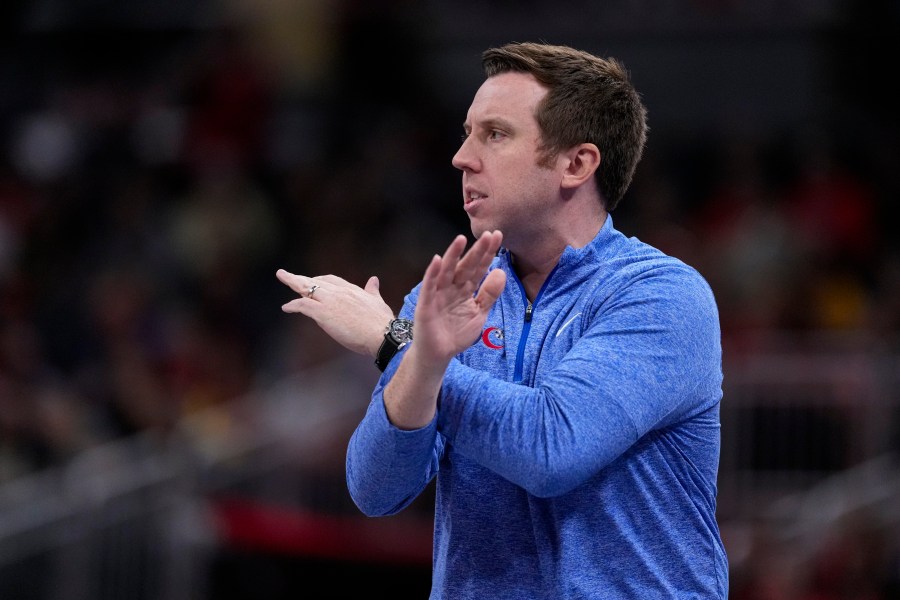 FILE - Washington Mystics head coach Eric Thibault signals to his team as they play against the Indiana Fever in the first half of a WNBA basketball game in Indianapolis, July 10, 2024. (AP Photo/Michael Conroy, File)