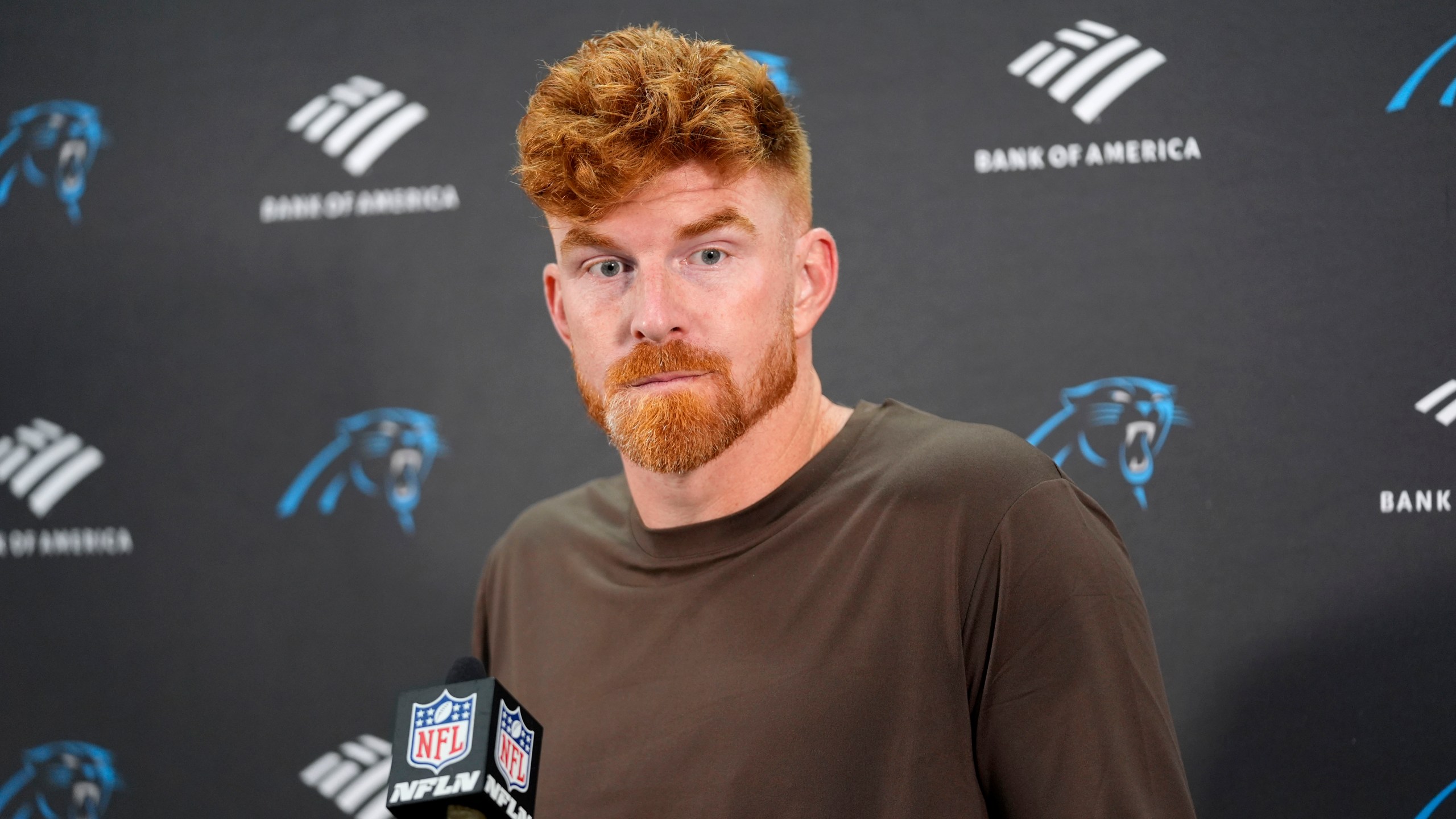 Carolina Panthers quarterback Andy Dalton speaks during a news conference after an NFL football game against the Washington Commanders, Sunday, Oct. 20, 2024, in Landover, Md. The Commanders 40-7. (AP Photo/Stephanie Scarbrough)