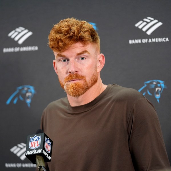 Carolina Panthers quarterback Andy Dalton speaks during a news conference after an NFL football game against the Washington Commanders, Sunday, Oct. 20, 2024, in Landover, Md. The Commanders 40-7. (AP Photo/Stephanie Scarbrough)