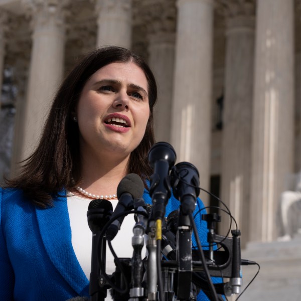 FILE - Colorado Secretary of State Jena Griswold speaks in front of the U.S. Supreme Court, Feb. 8, 2024, in Washington. (AP Photo/Manuel Balce Ceneta, File)