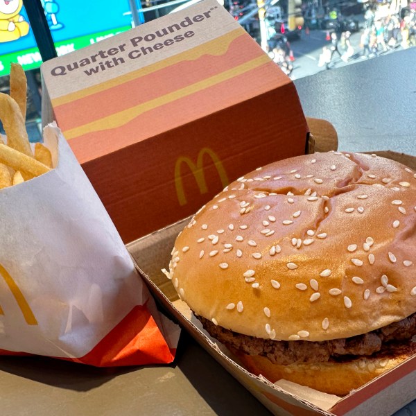 A McDonald's Quarter Pounder hamburger and fries are shown in this photograph, in New York's Times Square, Wednesday, Oct. 23, 2024. (AP Photo/Richard Drew)