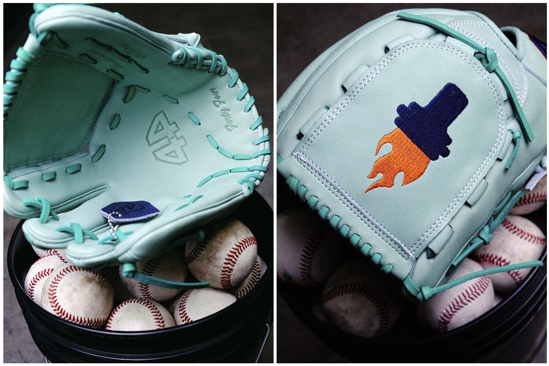 This combo of images provided by Brent Habert, shows New York Yankees' Nestor Cortes' mint-colored and torch design baseball glove. (Brent Habert via AP)