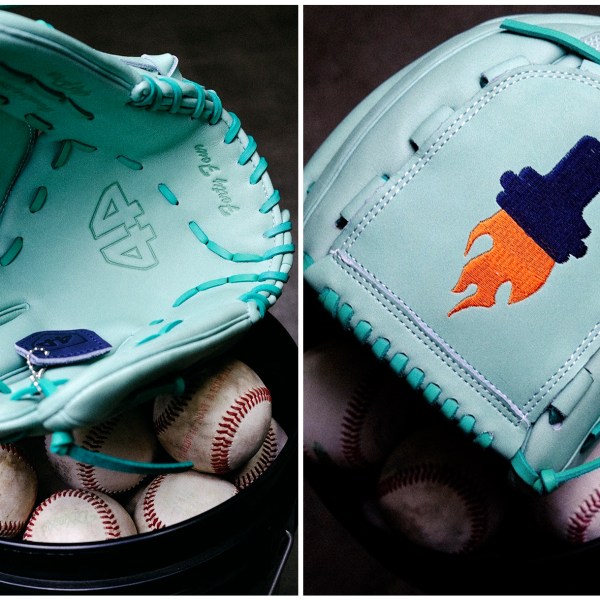 This combo of images provided by Brent Habert, shows New York Yankees' Nestor Cortes' mint-colored and torch design baseball glove. (Brent Habert via AP)