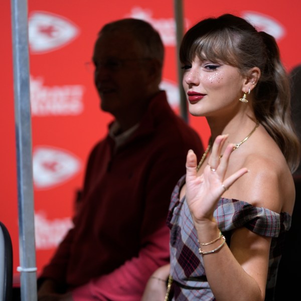 Taylor Swift arrives before the start of an NFL football game between the Kansas City Chiefs and the New Orleans Saints Monday, Oct. 7, 2024, in Kansas City, Mo. (AP Photo/Charlie Riedel)