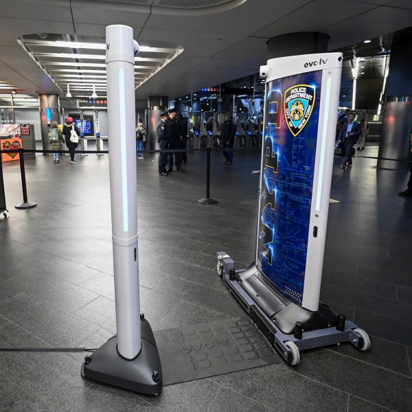 FILE - In this image provided by The Metropolitan Transportation Authority (MTA), new weapon detectors that can be deployed at subway entrances are displayed during a news conference in New York, March 28, 2024. (Marc A. Hermann/Metropolitan Transportation Authority via AP, File)