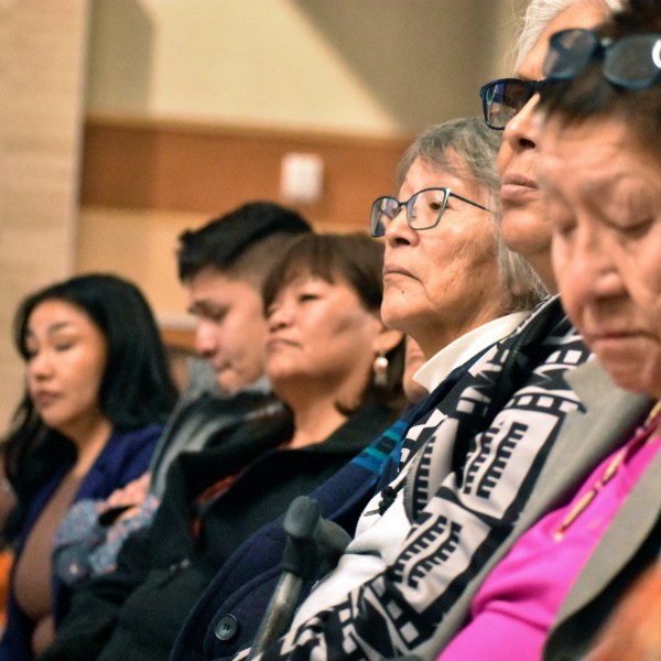 FILE - Elders from the Northern Cheyenne Tribe in southeastern Montana listen to speakers during a session for survivors of government-sponsored Native American boarding schools, in Bozeman, Mont., Nov. 5, 2023. (AP Photo/Matthew Brown, File)