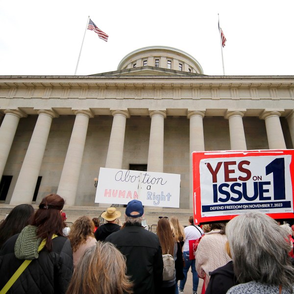 FILE - Supporters of Issue 1 attend a rally for the Right to Reproductive Freedom amendment held by Ohioans United for Reproductive Rights at the Ohio State House in Columbus, Ohio, Oct. 8, 2023. (AP Photo/Joe Maiorana, File)