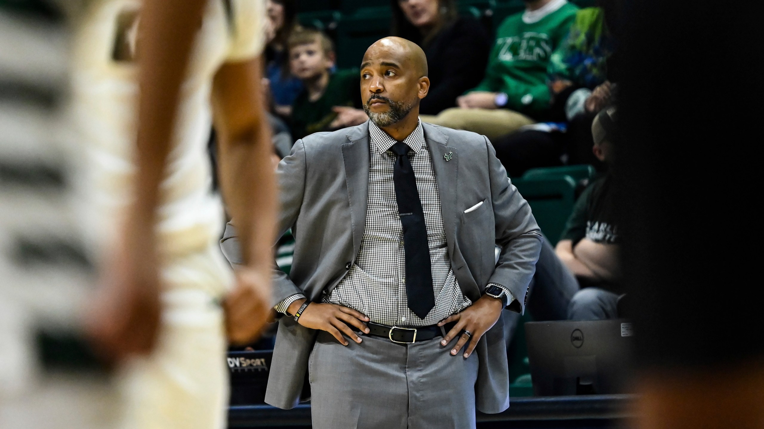 FILE - South Florida head coach Amir Abdur-Rahim looks on during the first half of an NCAA college basketball game against Charlotte, March 2, 2024, in Charlotte, N.C. (AP Photo/Matt Kelley, File)