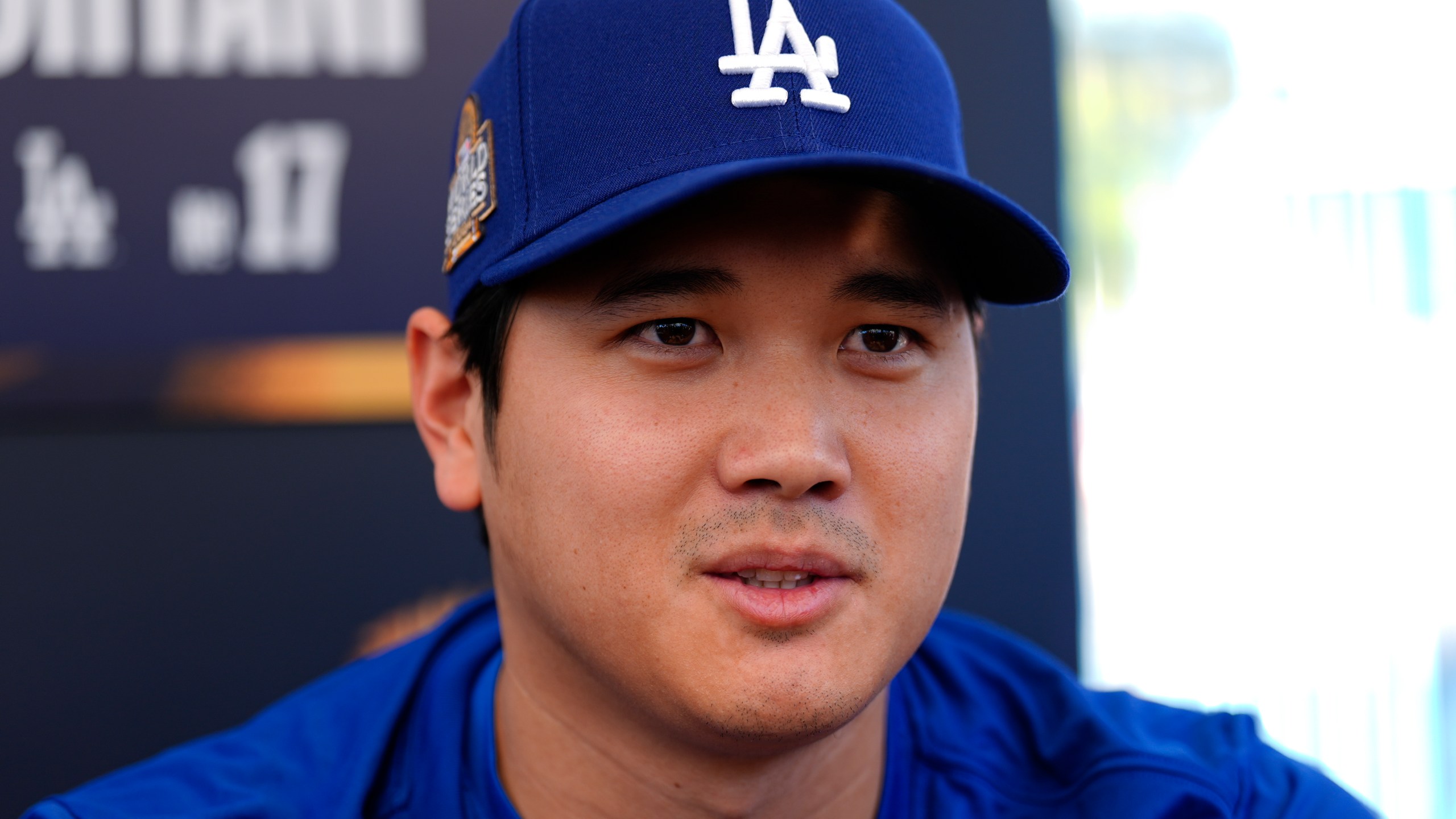 Los Angeles Dodgers' Shohei Ohtani speaks during media day for the baseball World Series against the New York Yankees, Thursday, Oct. 24, 2024, in Los Angeles. (AP Photo/Julio Cortez)