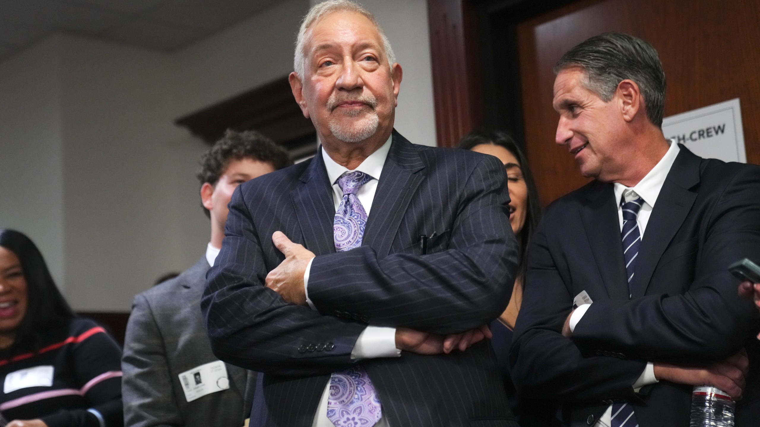 Mark Geragos, Erik and Lyle Menendezs' defense attorney waits at a news conference held by Los Angeles County District Attorney George Gascon at the Hall of Justice on Thursday, Oct. 24, 2024, in Los Angeles. (AP Photo/Eric Thayer)