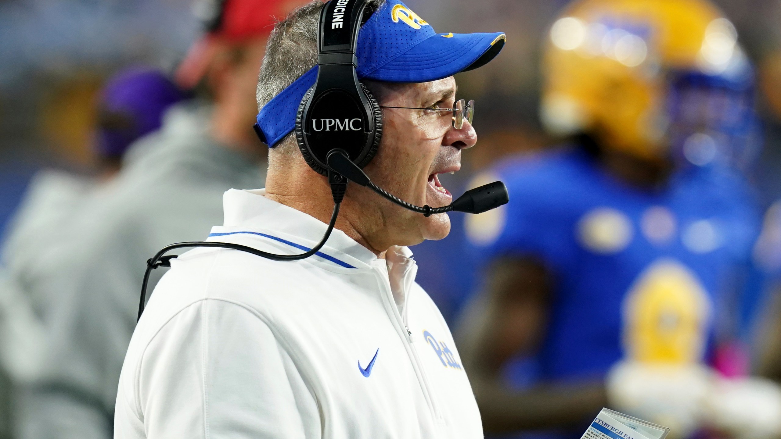 Pittsburgh head coach Pat Narduzzi calls out to his team during the first half of an NCAA college football game against Syracuse, Thursday, Oct. 24, 2024, in Pittsburgh. (AP Photo/Matt Freed)