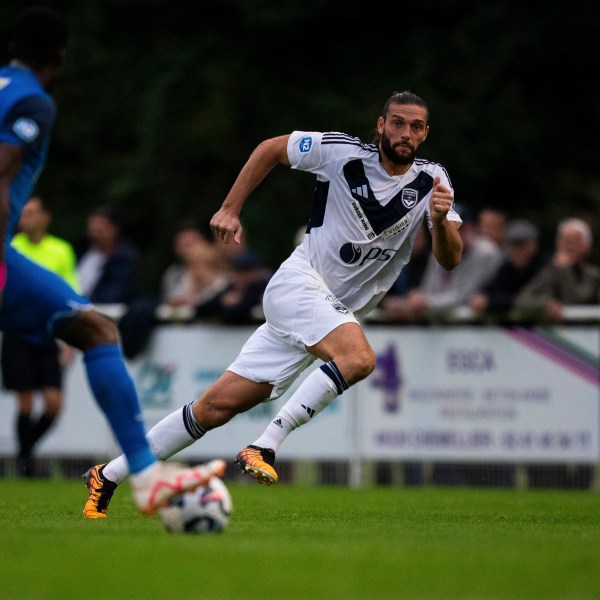 Bordeaux's Andy Carroll runs during the Championnat National 2 soccer match between Saumur and Bordeaux, in Saumur, France, Saturday, Oct. 5, 2024.(AP Photo/Louise Delmotte)