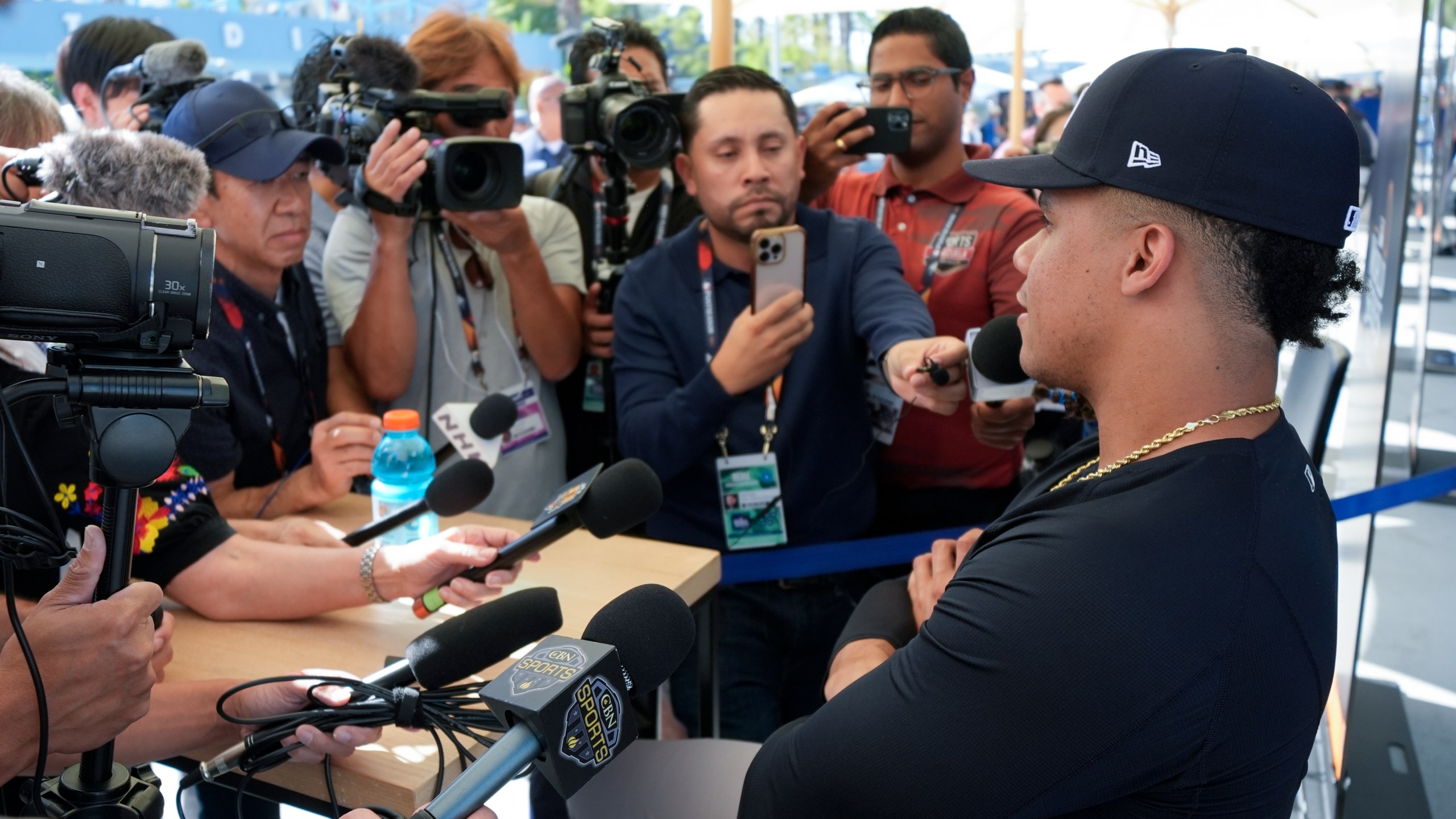 New York Yankees' Juan Soto speaks during media day for the baseball World Series, Thursday, Oct. 24, 2024, in Los Angeles. (AP Photo/Ashley Landis)