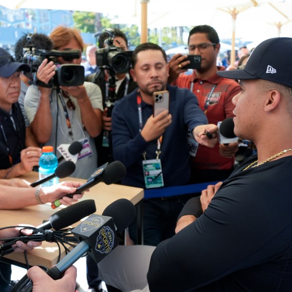 New York Yankees' Juan Soto speaks during media day for the baseball World Series, Thursday, Oct. 24, 2024, in Los Angeles. (AP Photo/Ashley Landis)