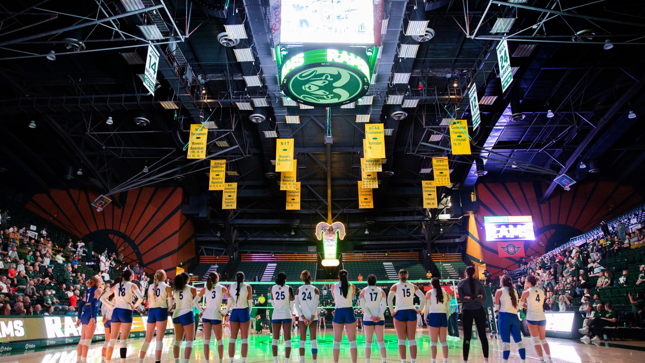 The San Jose State University Spartans line up for the playing of the national anthem and player introductions for their NCAA Mountain West women's volleyball game against the Colorado State University Rams in Fort Collins, Colo., on Thursday, Oct. 3, 2024. (Santiago Mejia/San Francisco Chronicle via AP)