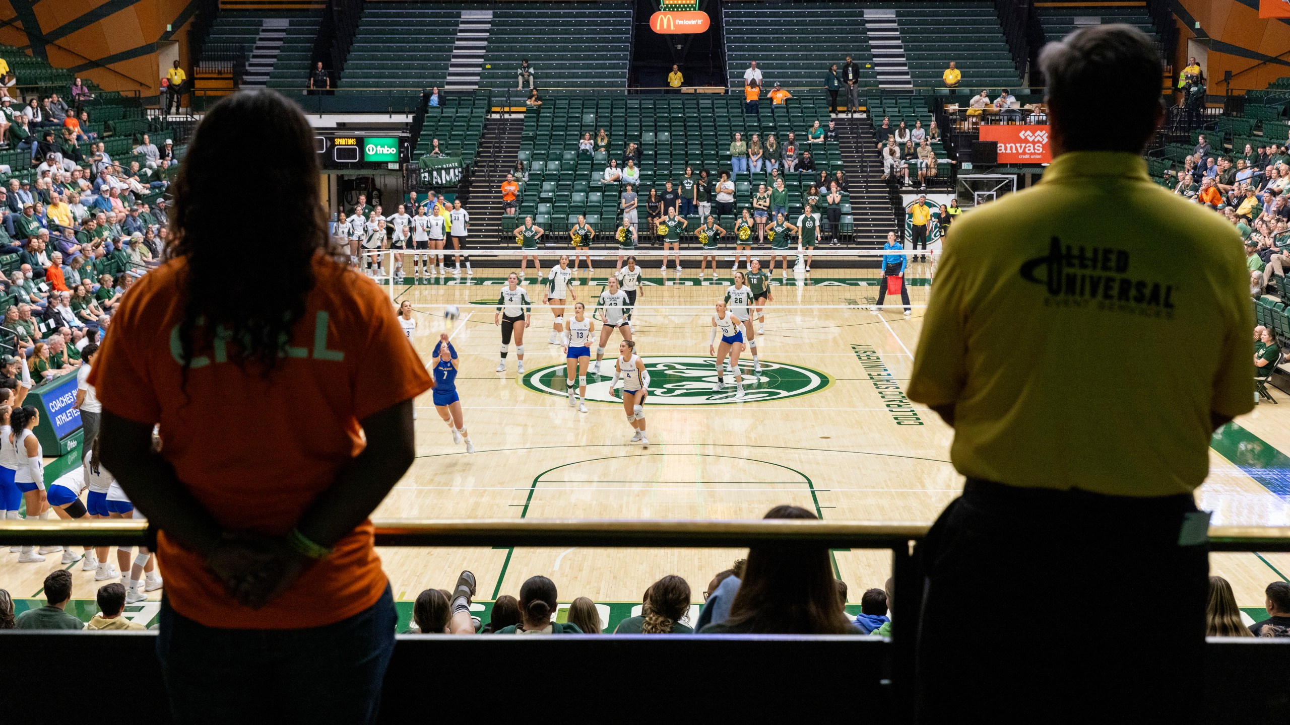 Workers monitor the NCAA Mountain West women's volleyball game between the Colorado State University Rams and San Jose State University Spartans at Moby Arena in Fort Collins, Colo., on Thursday, Oct. 3, 2024. (Santiago Mejia/San Francisco Chronicle via AP)