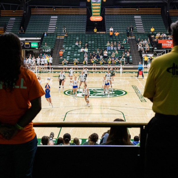 Workers monitor the NCAA Mountain West women's volleyball game between the Colorado State University Rams and San Jose State University Spartans at Moby Arena in Fort Collins, Colo., on Thursday, Oct. 3, 2024. (Santiago Mejia/San Francisco Chronicle via AP)