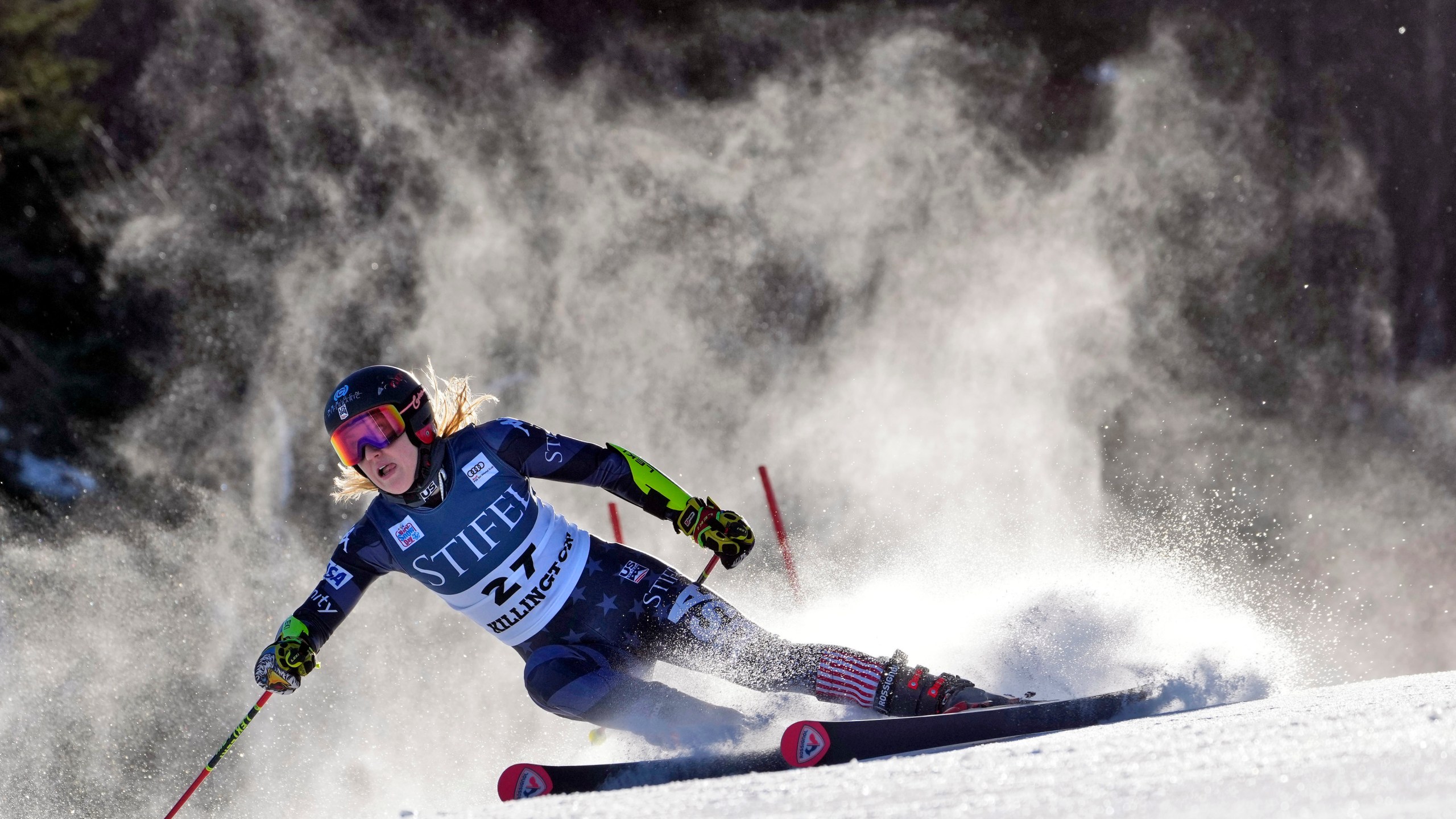 FILE - United States' Nina O'Brien competes during a women's World Cup giant slalom skiing race Saturday, Nov. 26, 2022, in Killington, Vt. (AP Photo/Robert F. Bukaty, File)