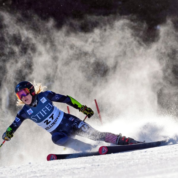 FILE - United States' Nina O'Brien competes during a women's World Cup giant slalom skiing race Saturday, Nov. 26, 2022, in Killington, Vt. (AP Photo/Robert F. Bukaty, File)