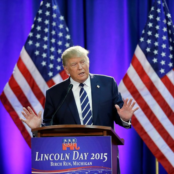 FILE - Republican presidential candidate Donald Trump addresses a GOP fundraising event, Aug 11, 2015, in Birch Run, Mich. (AP Photo/Carlos Osorio, File)