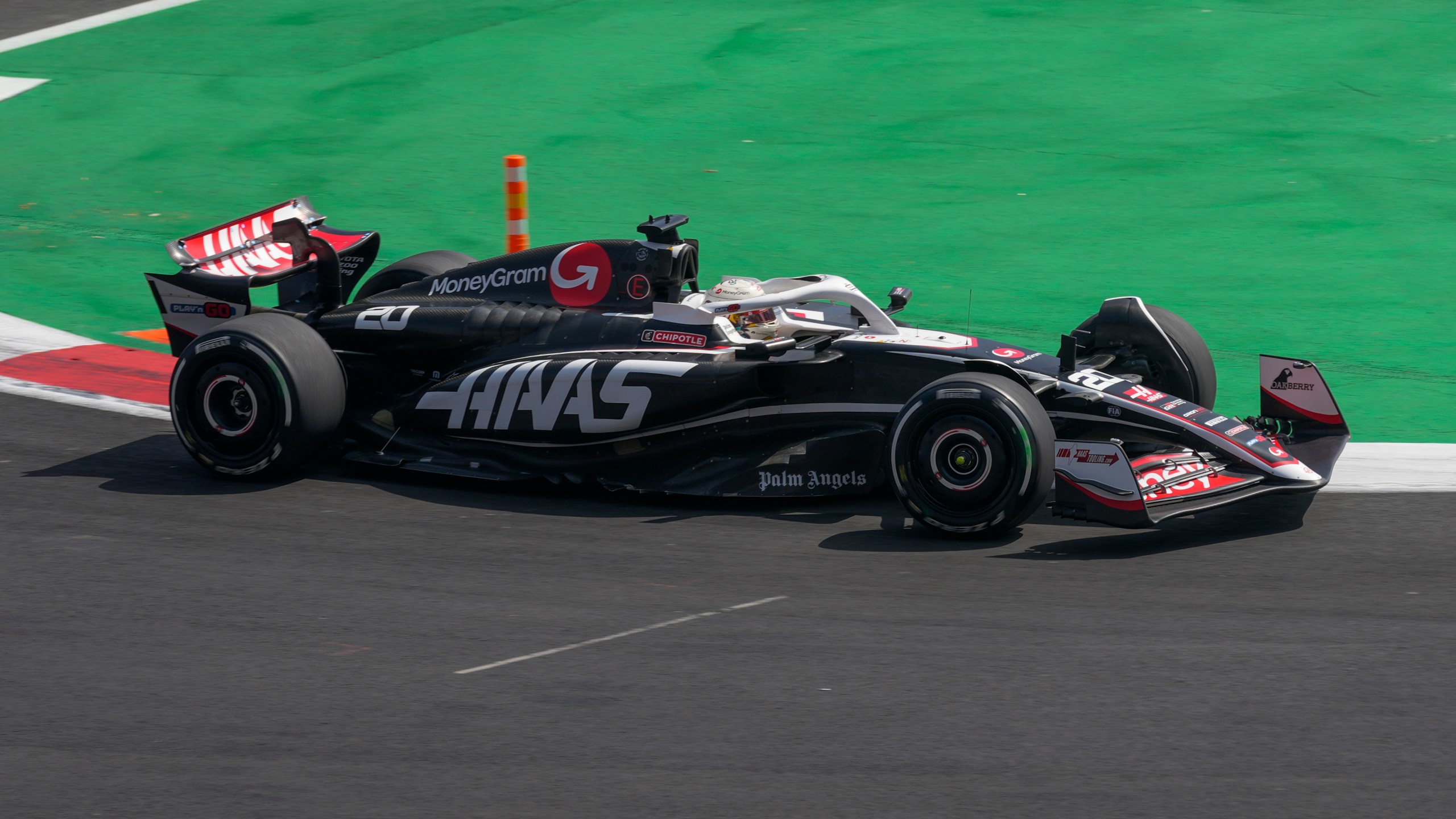 Haas driver Kevin Magnussen, of Denmark, steers his car during the first free practice ahead of the Formula One Mexico Grand Prix auto race at the Hermanos Rodriguez racetrack in Mexico City, Friday, Oct. 25, 2024. (AP Photo/Moises Castillo)