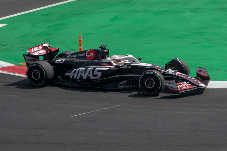 Haas driver Kevin Magnussen, of Denmark, steers his car during the first free practice ahead of the Formula One Mexico Grand Prix auto race at the Hermanos Rodriguez racetrack in Mexico City, Friday, Oct. 25, 2024. (AP Photo/Moises Castillo)