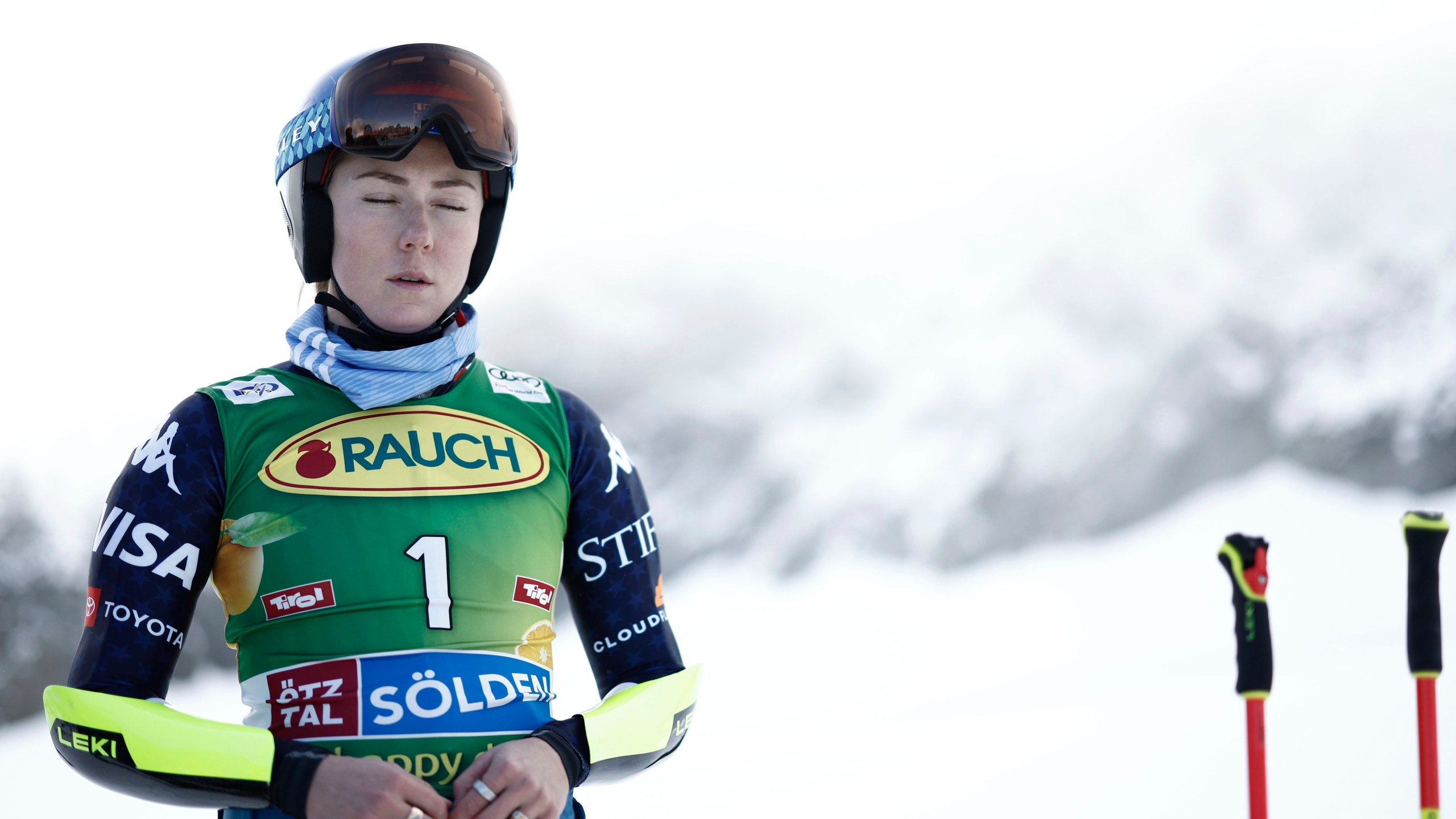 United States' Mikaela Shiffrin concentrates ahead of an alpine ski, women's World Cup giant slalom, in Soelden, Austria, Saturday, Oct. 26, 2024. (AP Photo/Gabriele Facciotti)