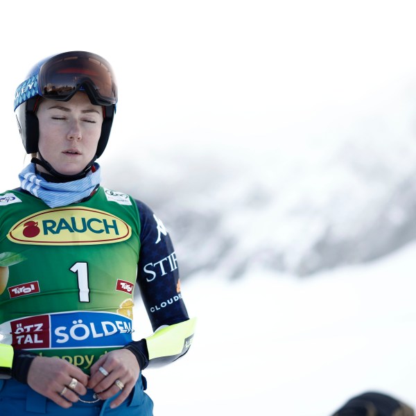 United States' Mikaela Shiffrin concentrates ahead of an alpine ski, women's World Cup giant slalom, in Soelden, Austria, Saturday, Oct. 26, 2024. (AP Photo/Gabriele Facciotti)