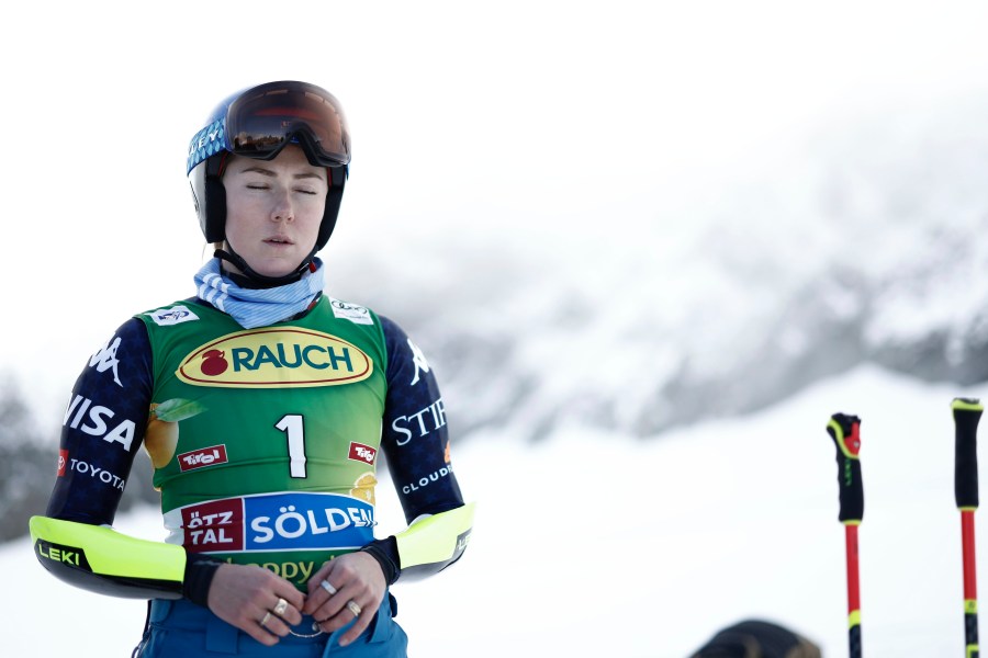 United States' Mikaela Shiffrin concentrates ahead of an alpine ski, women's World Cup giant slalom, in Soelden, Austria, Saturday, Oct. 26, 2024. (AP Photo/Gabriele Facciotti)