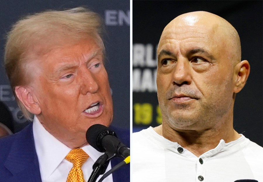 This combination photo shows Republican presidential nominee former President Donald Trump speaking during a news conference, Oct. 25, 2024, in Austin, Texas, left, and Joe Rogan at a UFC event, Aug. 18, 2023, in Boston. (AP Photo)