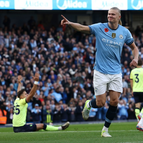 Manchester City's Erling Haaland celebrates after scoring his side's opening goal during the English Premier League soccer match between Manchester City and Southampton at the Etihad Stadium in Manchester, England, Saturday, Oct. 26, 2024. (AP Photo/Darren Staples)