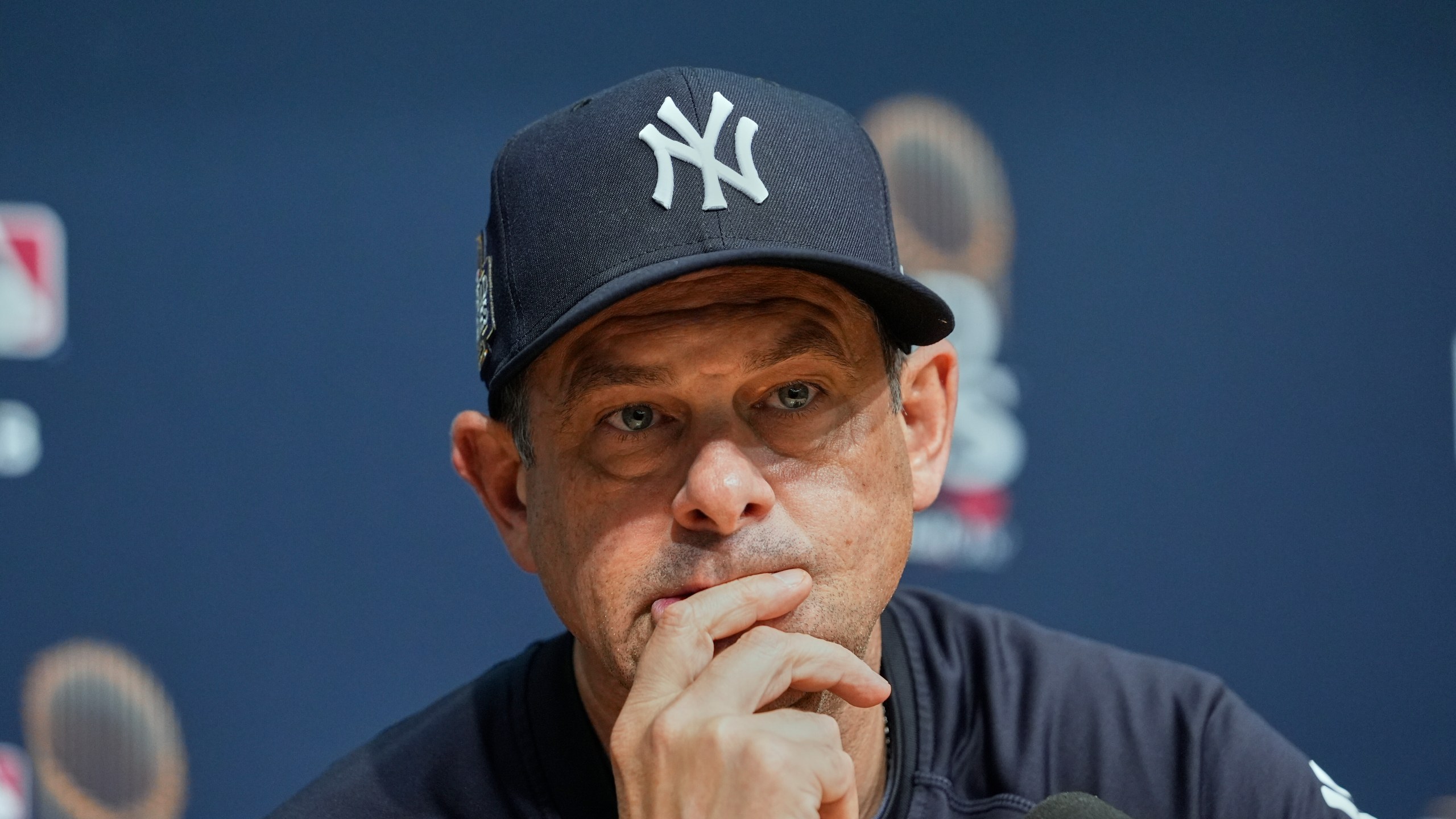 New York Yankees manager Aaron Boone listens to a question during a news conference before Game 2 of the baseball World Series, Saturday, Oct. 26, 2024, in Los Angeles. (AP Photo/Godofredo A. Vásquez)