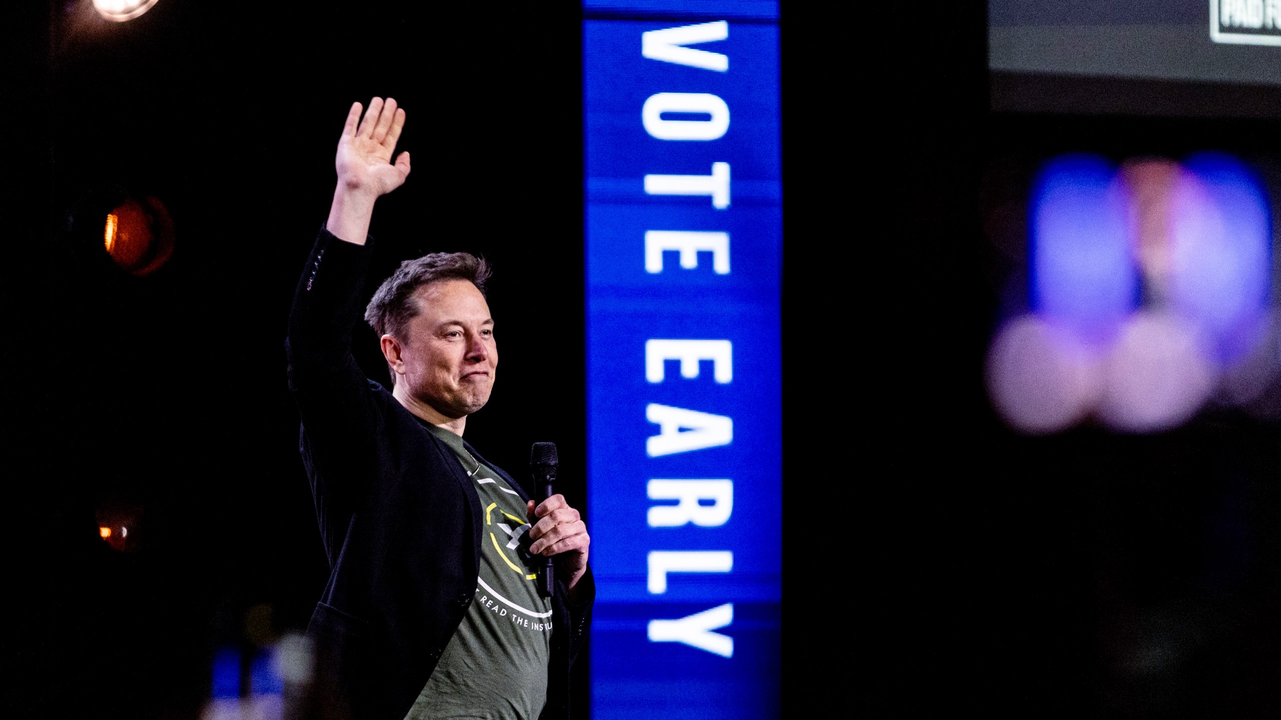 Elon Musk gestures as he speaks at Life Center Church in Harrisburg, Pa., Saturday, Oct. 19, 2024. (Sean Simmers/The Patriot-News via AP)