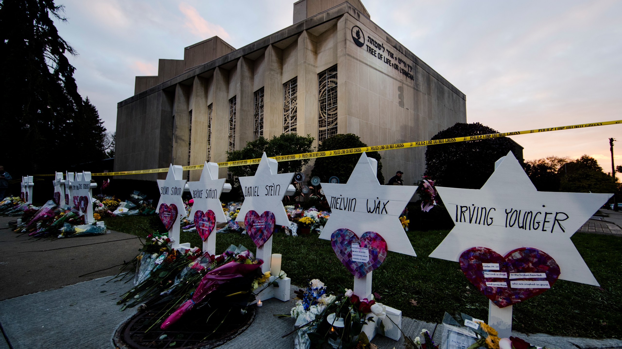 FILE - A makeshift memorial stands outside the Tree of Life Synagogue in the aftermath of a deadly shooting at the in Pittsburgh, Monday, Oct. 29, 2018. (AP Photo/Matt Rourke, File)