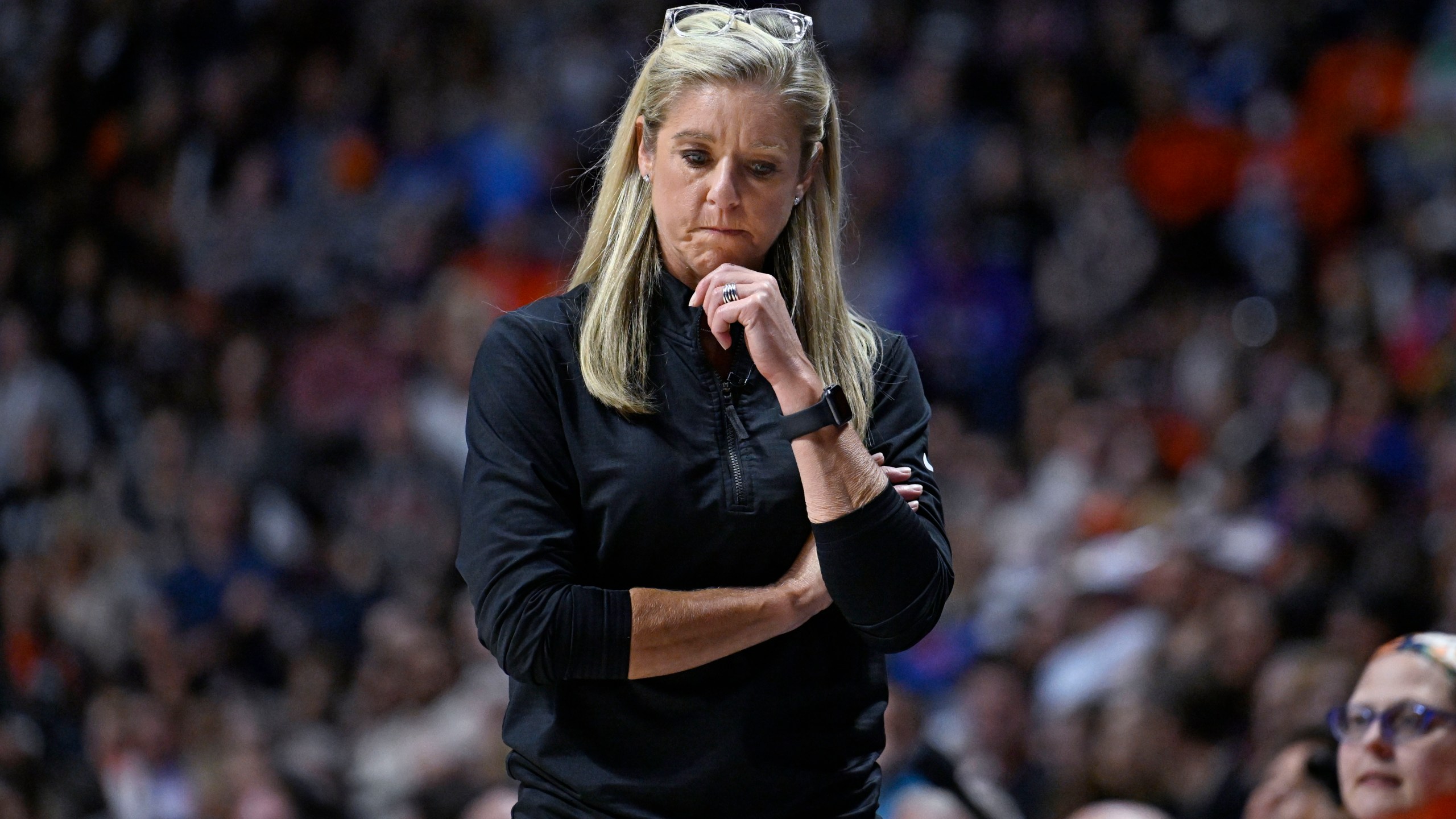 FILE - Indiana Fever head coach Christie Sides reacts during Game 2 of a first-round WNBA basketball playoff series against the Connecticut Sun, Sept. 25, 2024, in Uncasville, Conn. (AP Photo/Jessica Hill, file)