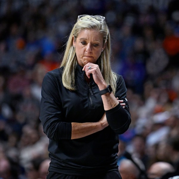 FILE - Indiana Fever head coach Christie Sides reacts during Game 2 of a first-round WNBA basketball playoff series against the Connecticut Sun, Sept. 25, 2024, in Uncasville, Conn. (AP Photo/Jessica Hill, file)