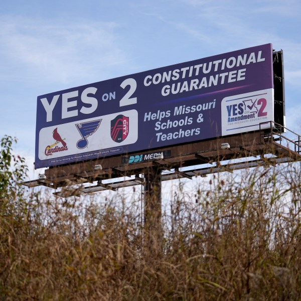 A billboard promoting a ballot measure to legalize sports betting in Missouri is seen along Interstate 44 Wednesday, Oct. 23, 2024, in St. Louis County, Mo. (AP Photo/Jeff Roberson)