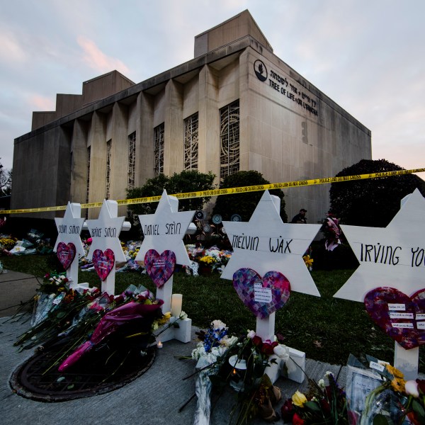 FILE - A makeshift memorial stands outside the Tree of Life Synagogue in the aftermath of a deadly shooting at the in Pittsburgh, Monday, Oct. 29, 2018. (AP Photo/Matt Rourke, File)