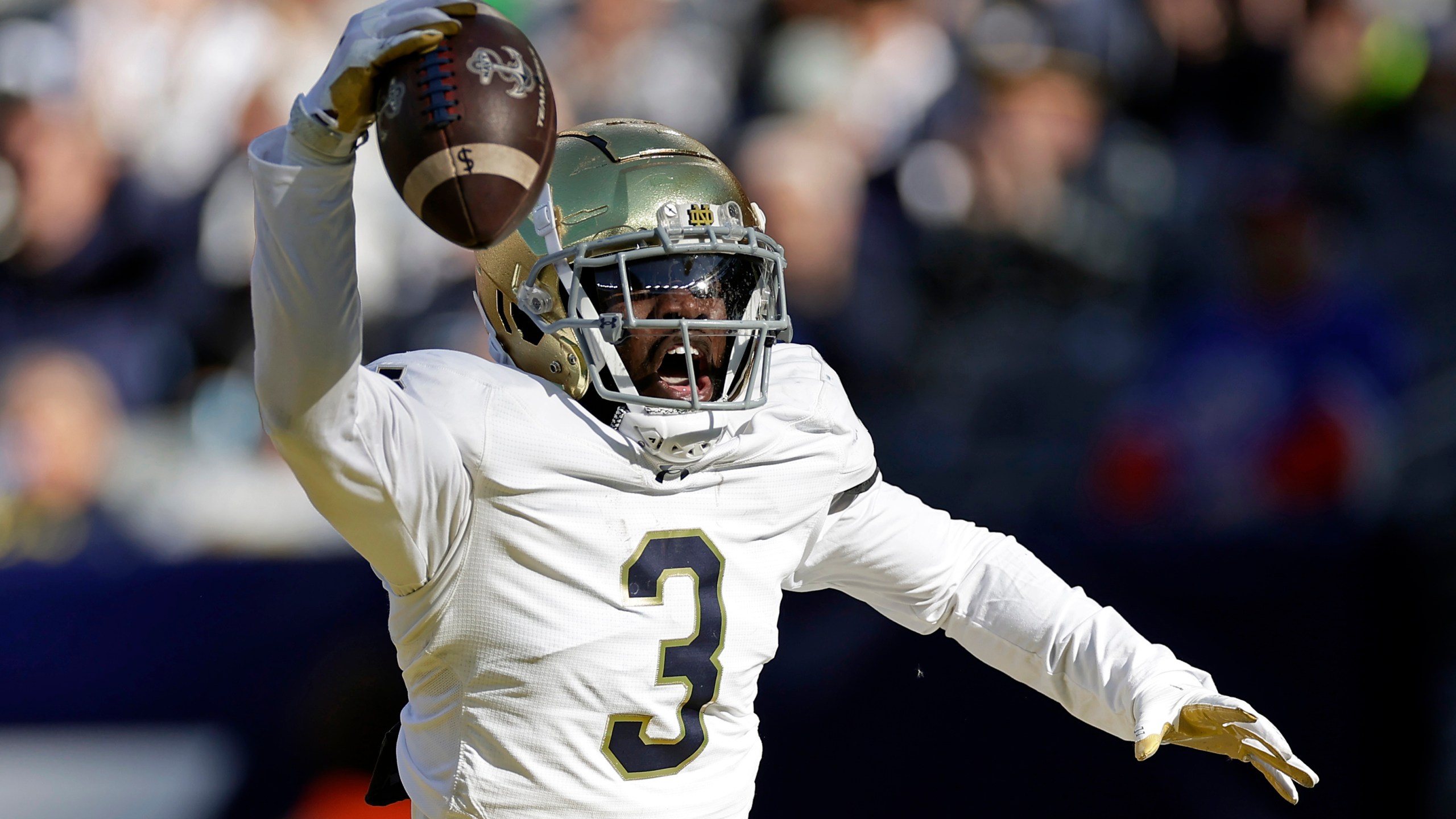 Notre Dame linebacker Jaylen Sneed (3) reacts after recovering a fumble in the end zone for a touchdown during the second half of an NCAA college football game against Navy, Saturday, Oct. 26, 2024, in East Rutherford, N.J. Notre Dame won 51-14. (AP Photo/Adam Hunger)