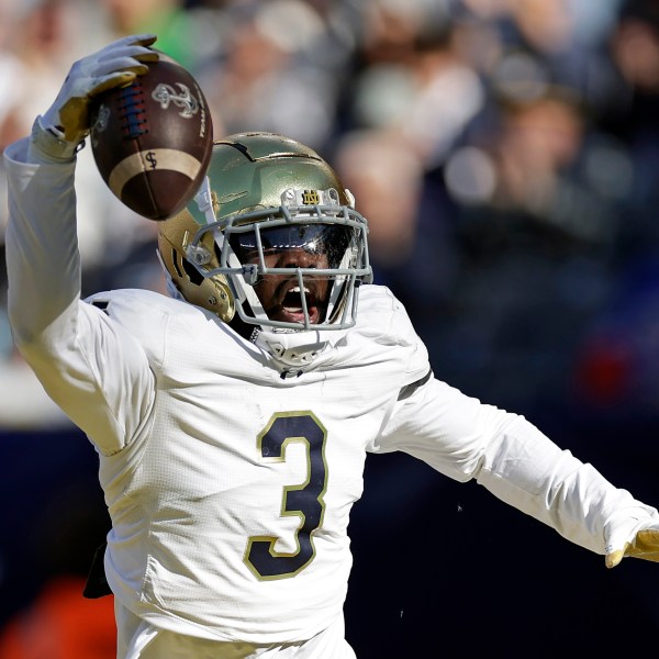 Notre Dame linebacker Jaylen Sneed (3) reacts after recovering a fumble in the end zone for a touchdown during the second half of an NCAA college football game against Navy, Saturday, Oct. 26, 2024, in East Rutherford, N.J. Notre Dame won 51-14. (AP Photo/Adam Hunger)