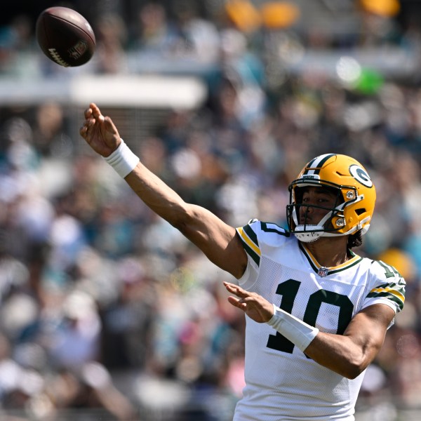 Green Bay Packers' Jordan Love throws during the first half of an NFL football game against the Jacksonville Jaguars Sunday, Oct. 27, 2024, in Jacksonville, Fla. (AP Photo/Phelan M. Ebenhack)