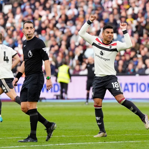 Manchester United's Casemiro celebrates scoring his side's first goal during the English Premier League soccer match between West Ham United and Manchester United at the London Stadium in London, Sunday, Oct. 27, 2024. (Nick Potts/PA via AP)