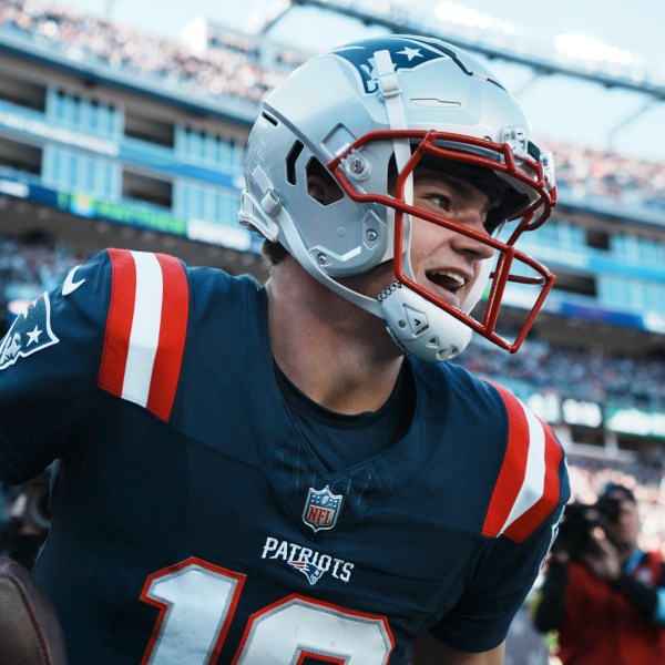 New England Patriots quarterback Drake Maye celebrates after running for a touchdown in the first half of an NFL football game against the New York Jets, Sunday, Oct. 27, 2024, in Foxborough, Mass. (AP Photo/Michael Dwyer)