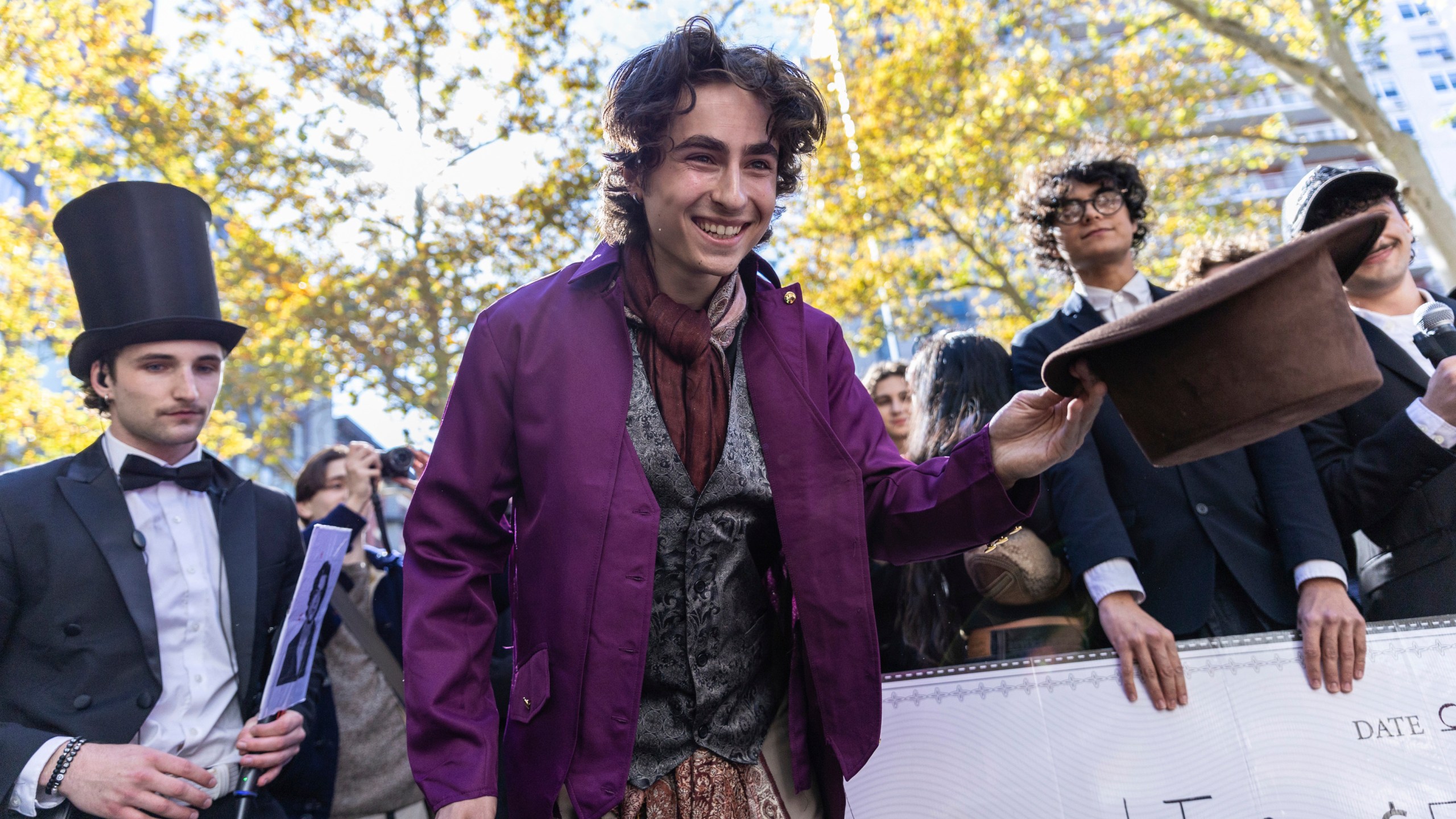 Miles Mitchell, 21, winner of the Timothee Chalamet lookalike contest near Washington Square Park, Sunday, Oct. 27, 2024, in New York. (AP Photo/Stefan Jeremiah)