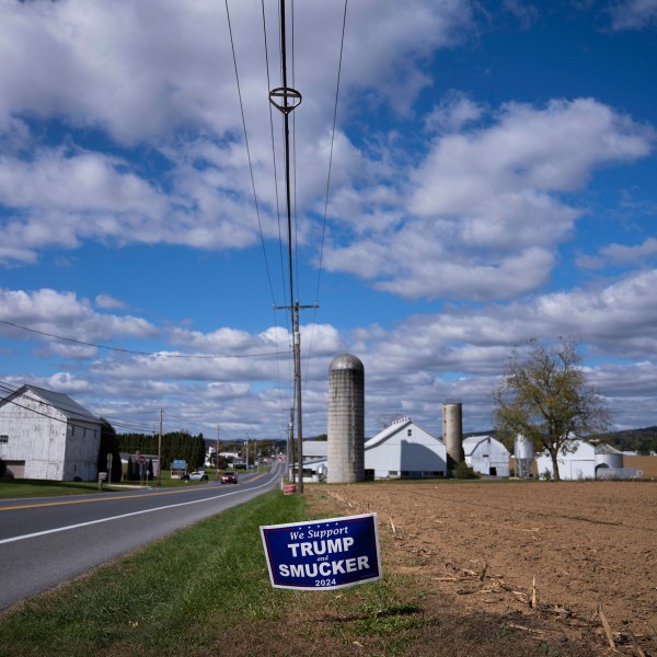 A Republican political advertisement is displayed in Ephrata, Pa., on Wednesday, Oct. 16, 2024. (AP Photo/Jessie Wardarski)