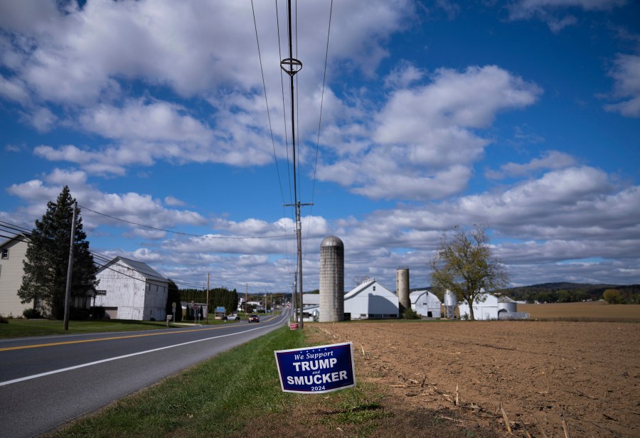 A Republican political advertisement is displayed in Ephrata, Pa., on Wednesday, Oct. 16, 2024. (AP Photo/Jessie Wardarski)