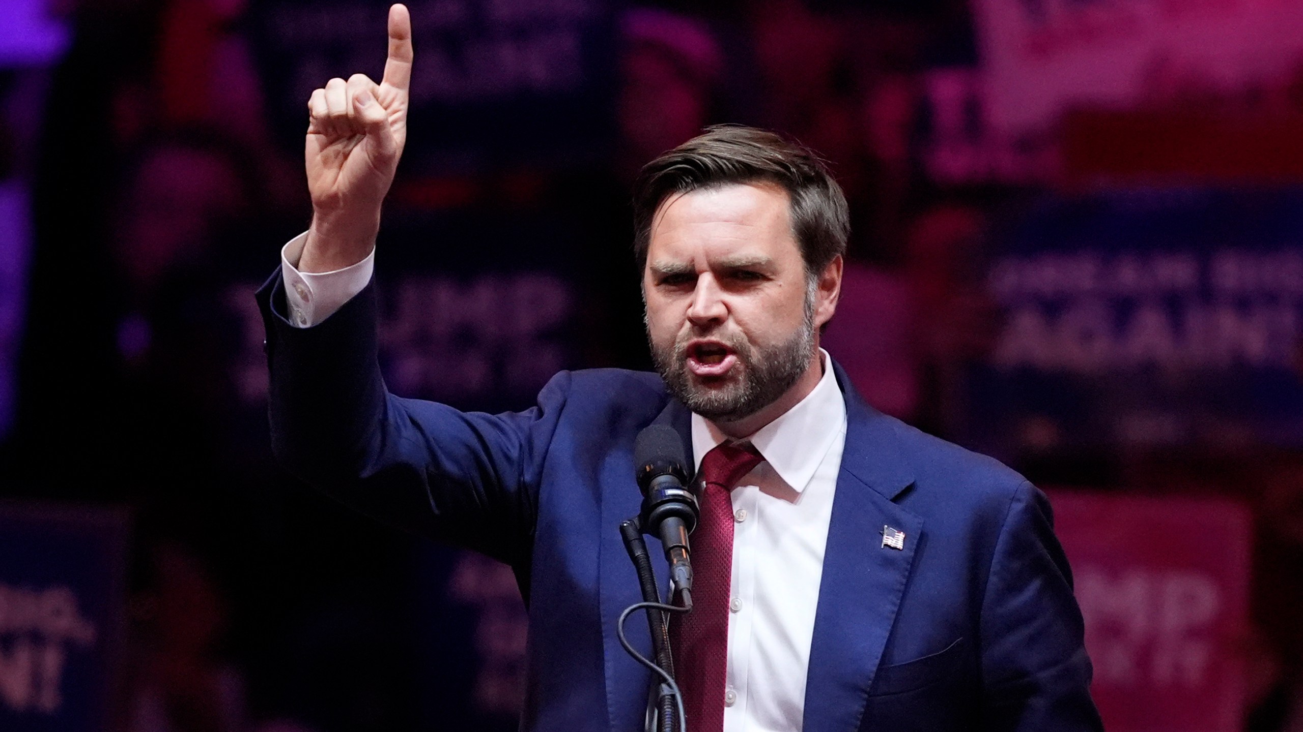 Republican vice presidential nominee Sen. JD Vance, R-Ohio, speaks before Republican presidential nominee former President Donald Trump at a campaign rally at Madison Square Garden, Sunday, Oct. 27, 2024, in New York. (AP Photo/Evan Vucci)