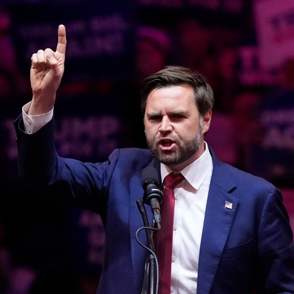 Republican vice presidential nominee Sen. JD Vance, R-Ohio, speaks before Republican presidential nominee former President Donald Trump at a campaign rally at Madison Square Garden, Sunday, Oct. 27, 2024, in New York. (AP Photo/Evan Vucci)